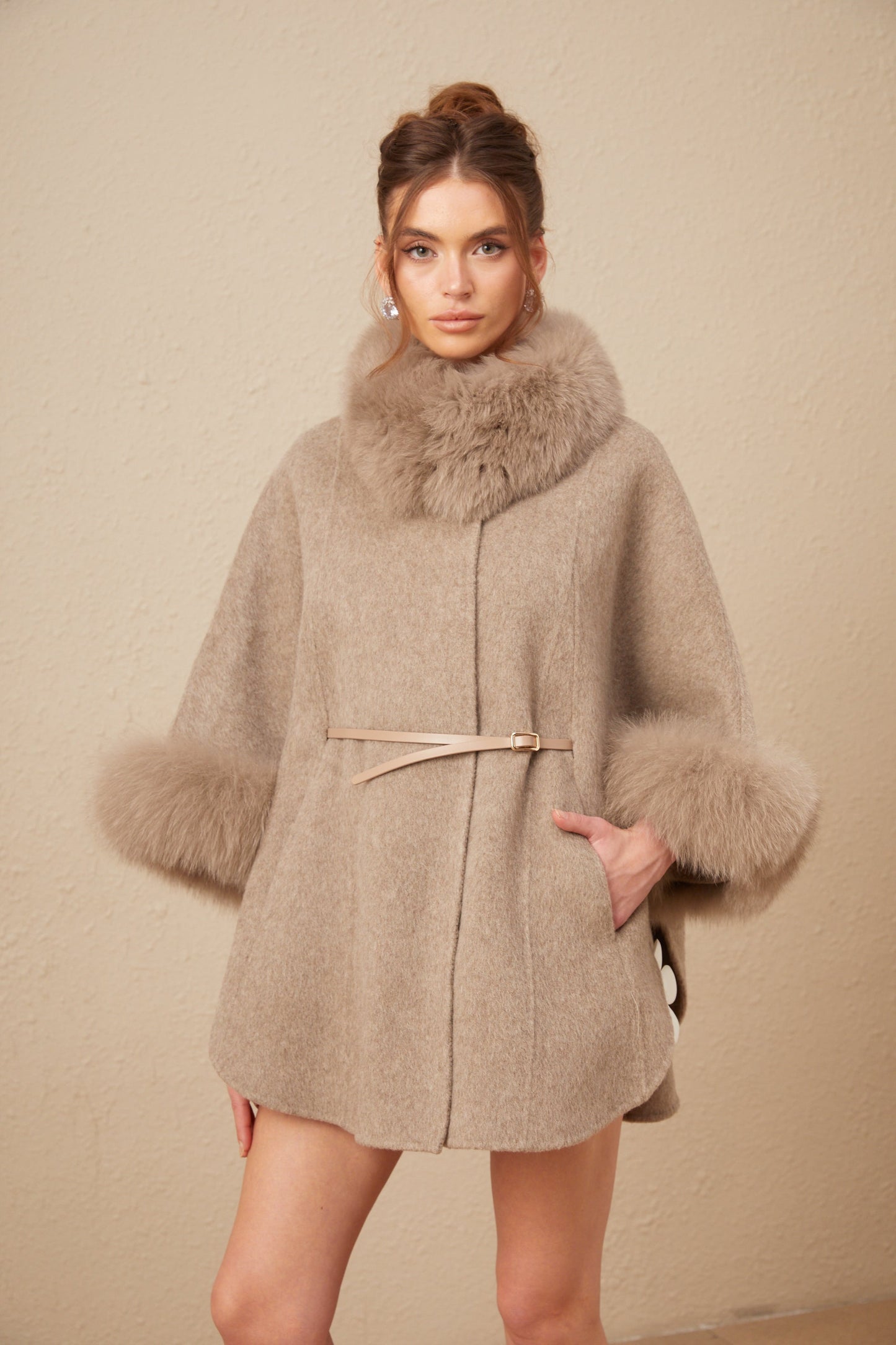 Beige Wool Coat with Faux Fur Collar for Women - Allegra