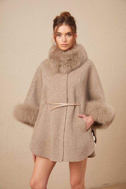 Beige Wool Coat with Faux Fur Collar for Women - Allegra