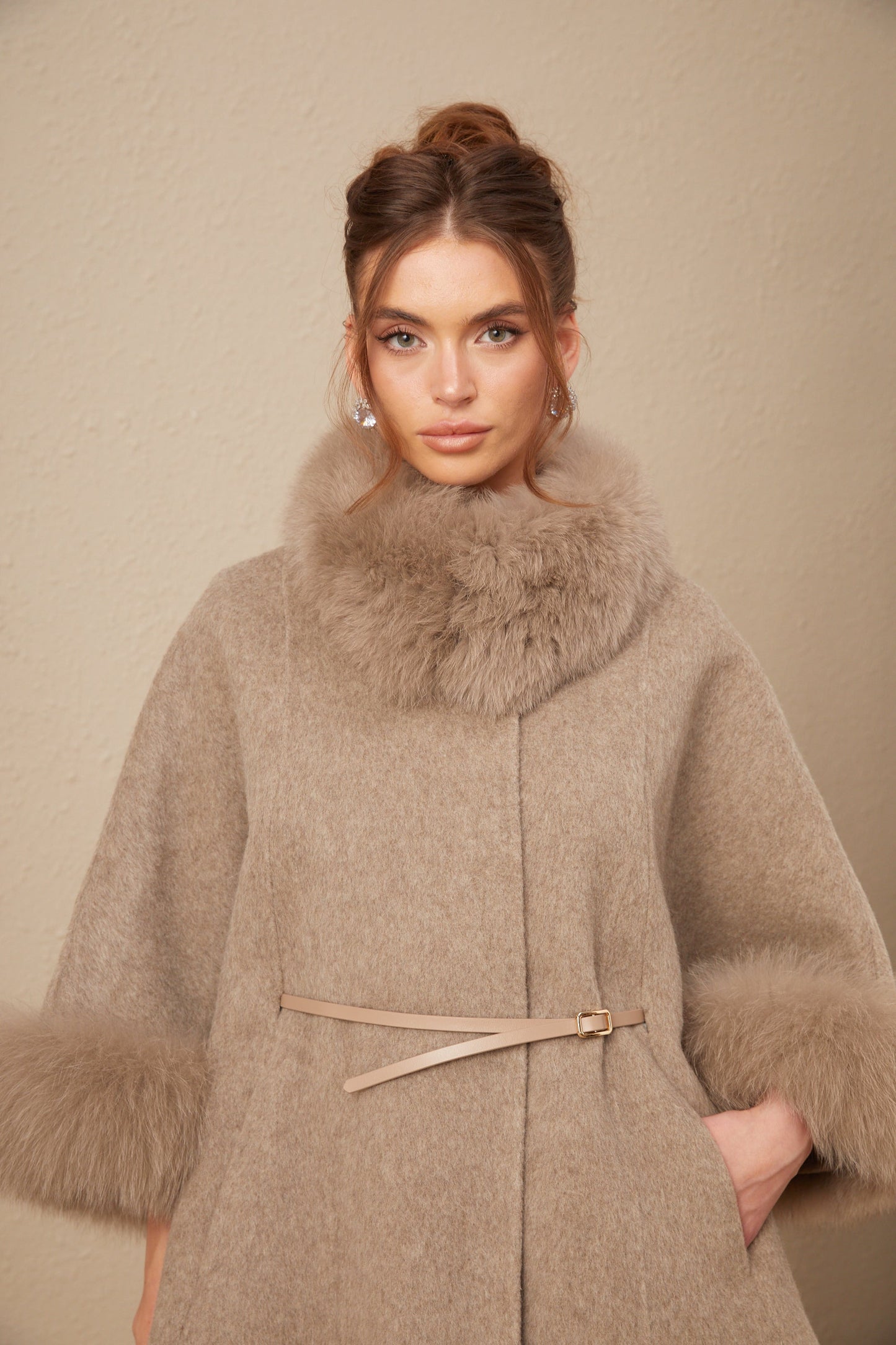 Beige Wool Coat with Faux Fur Collar for Women - Allegra