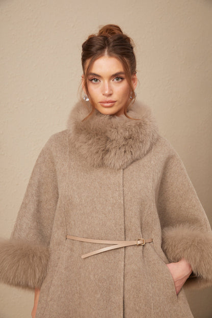 Beige Wool Coat with Faux Fur Collar for Women - Allegra