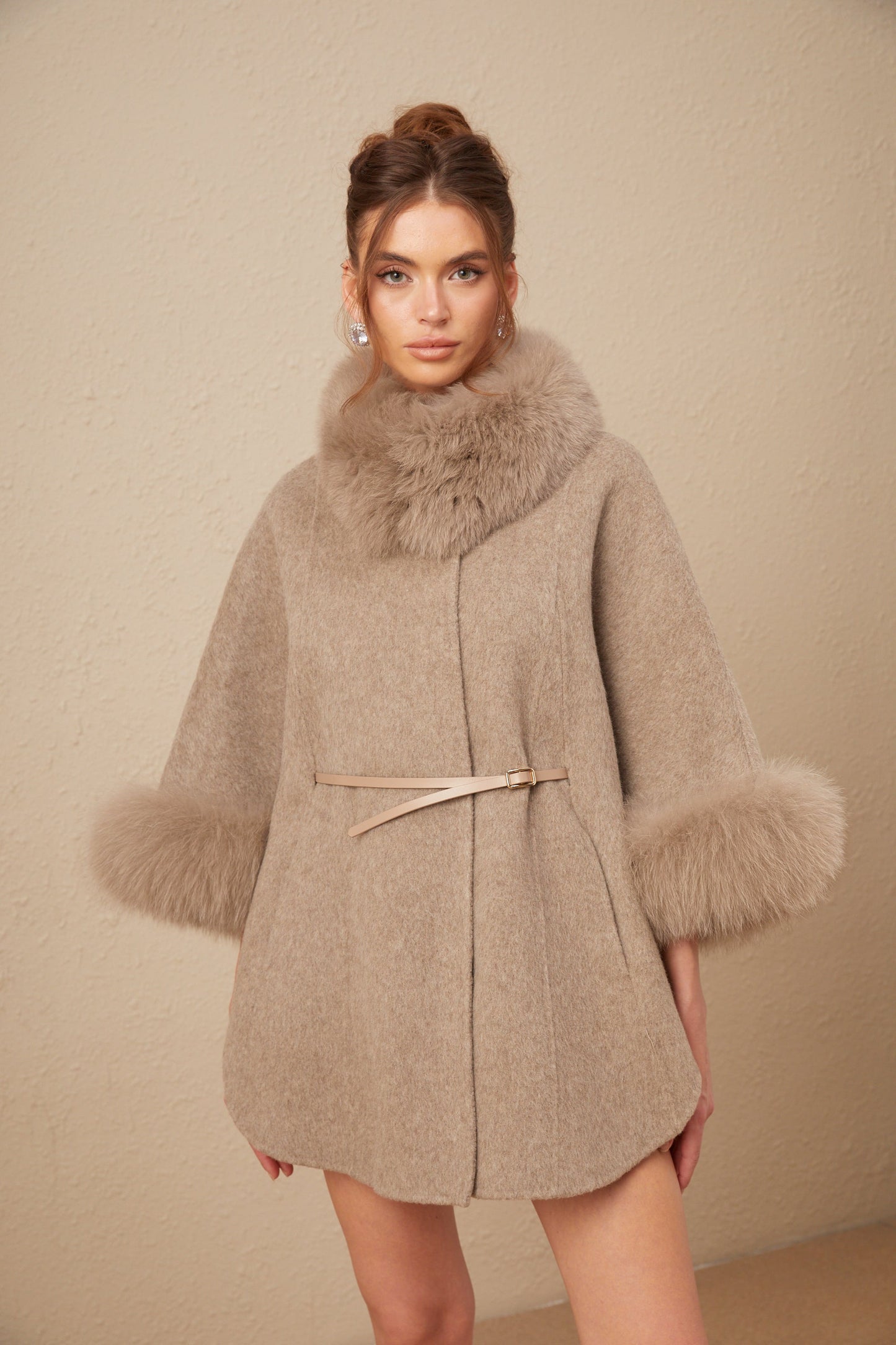 Beige Wool Coat with Faux Fur Collar for Women - Allegra