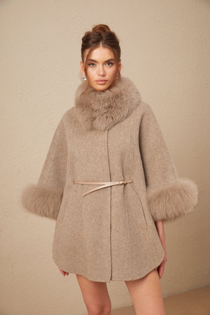 Beige Wool Coat with Faux Fur Collar for Women - Allegra