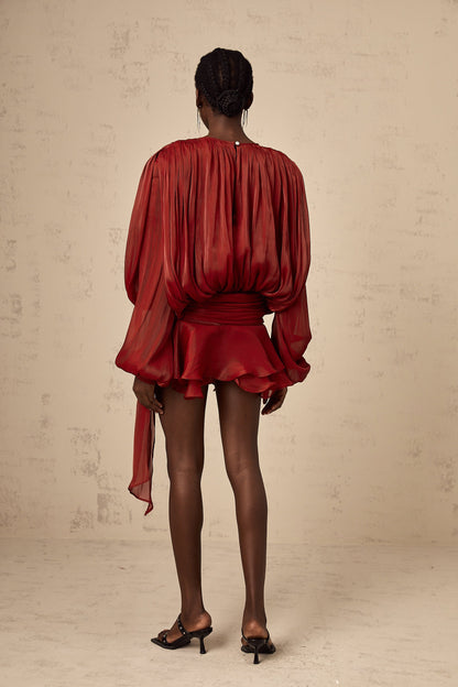 Red Pleated Mini Dress with Tie Waist for Women - Eugenia