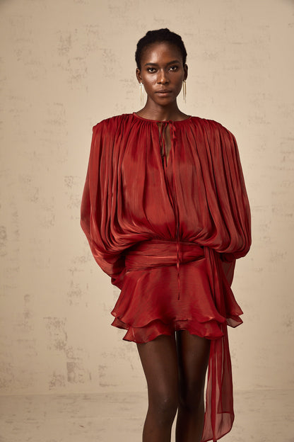 Red Pleated Mini Dress with Tie Waist for Women - Eugenia