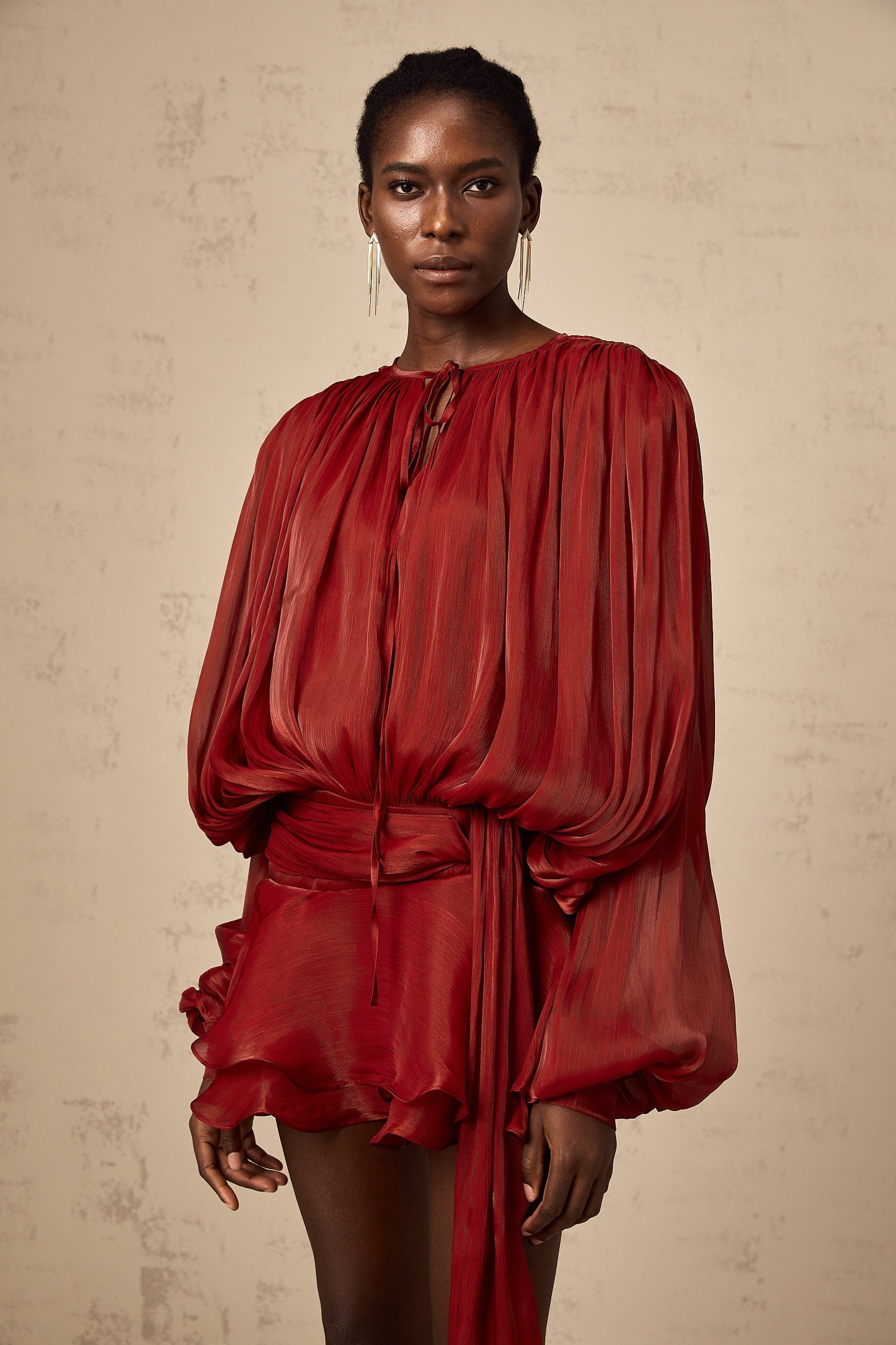 Red Pleated Mini Dress with Tie Waist for Women - Eugenia