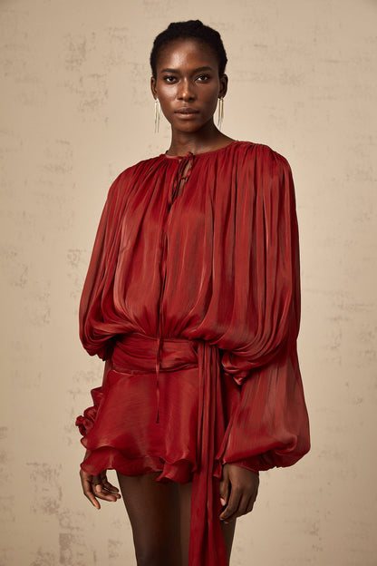 Red Pleated Mini Dress with Tie Waist for Women - Eugenia