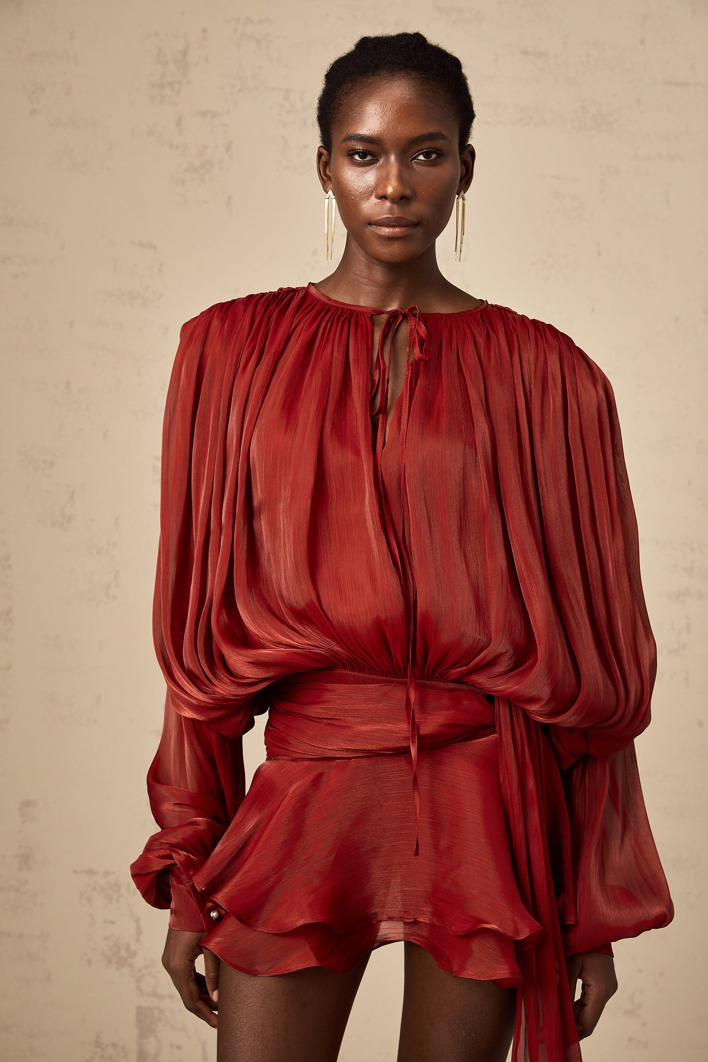 Red Pleated Mini Dress with Tie Waist for Women - Eugenia