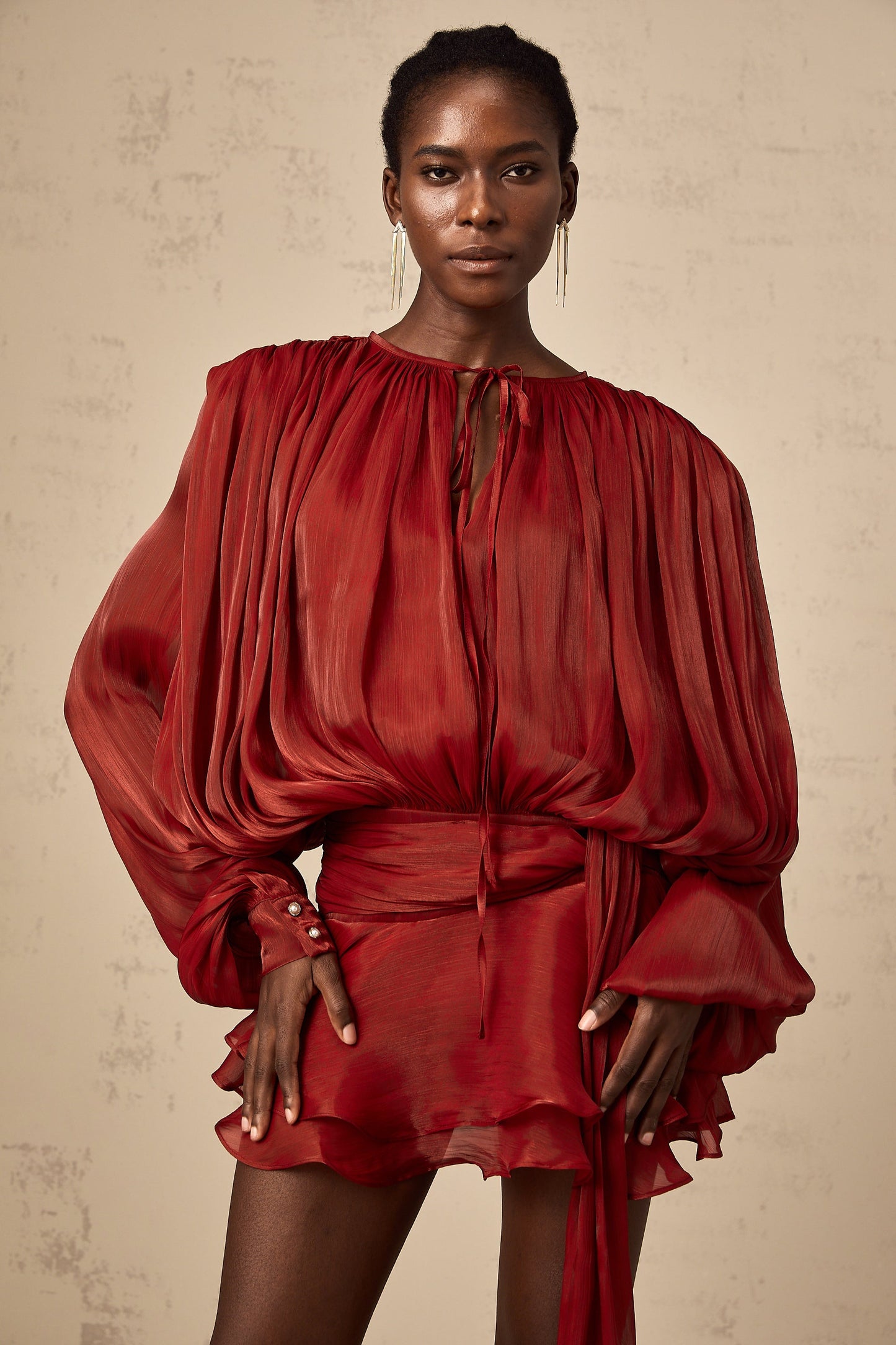 Red Pleated Mini Dress with Tie Waist for Women - Eugenia