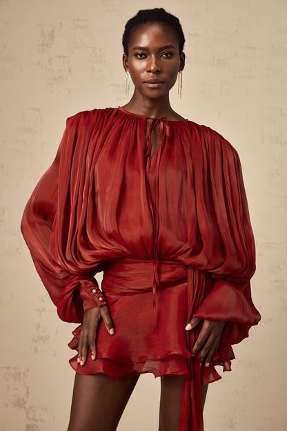 Red Pleated Mini Dress with Tie Waist for Women - Eugenia