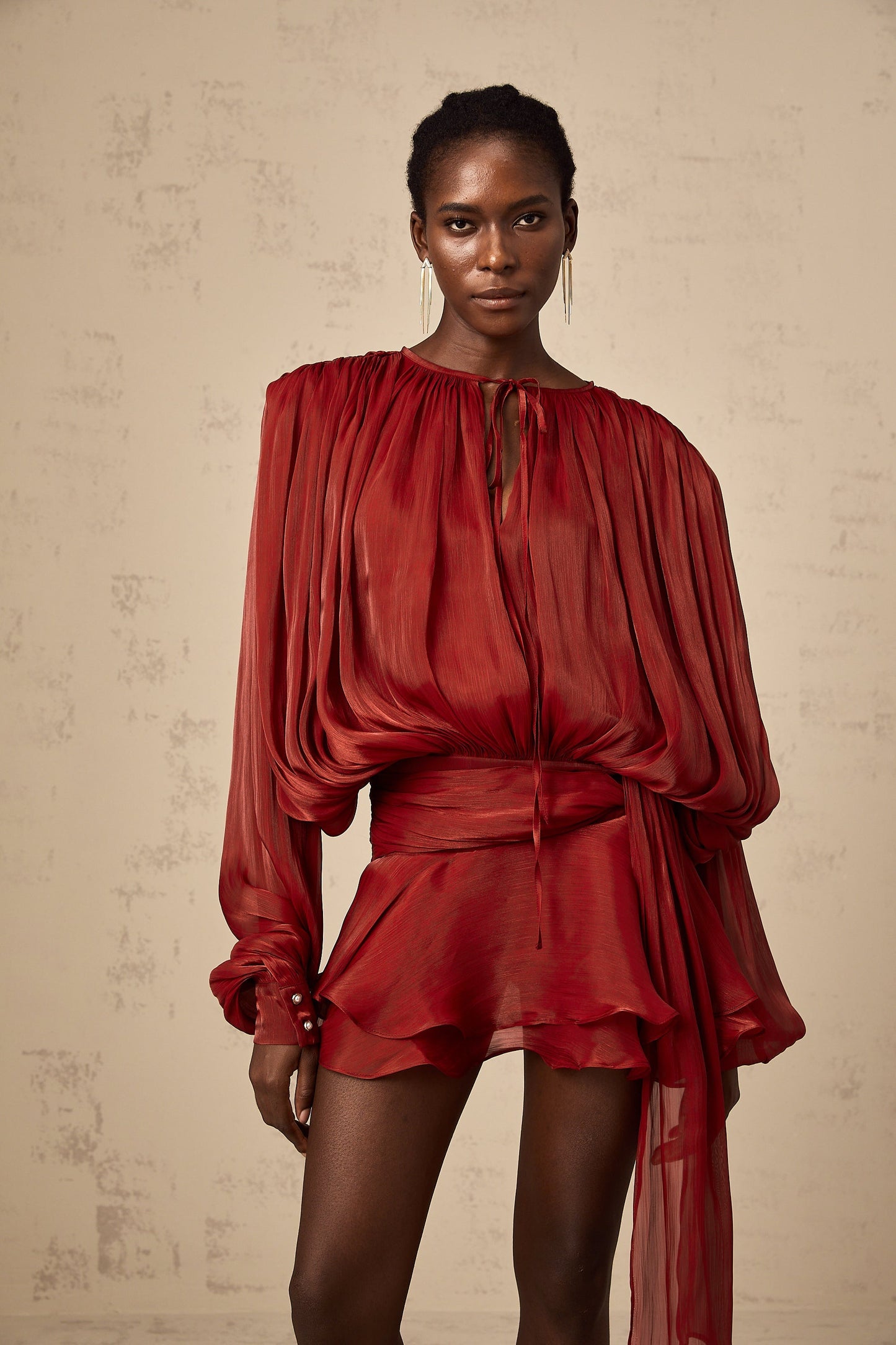 Red Pleated Mini Dress with Tie Waist for Women - Eugenia