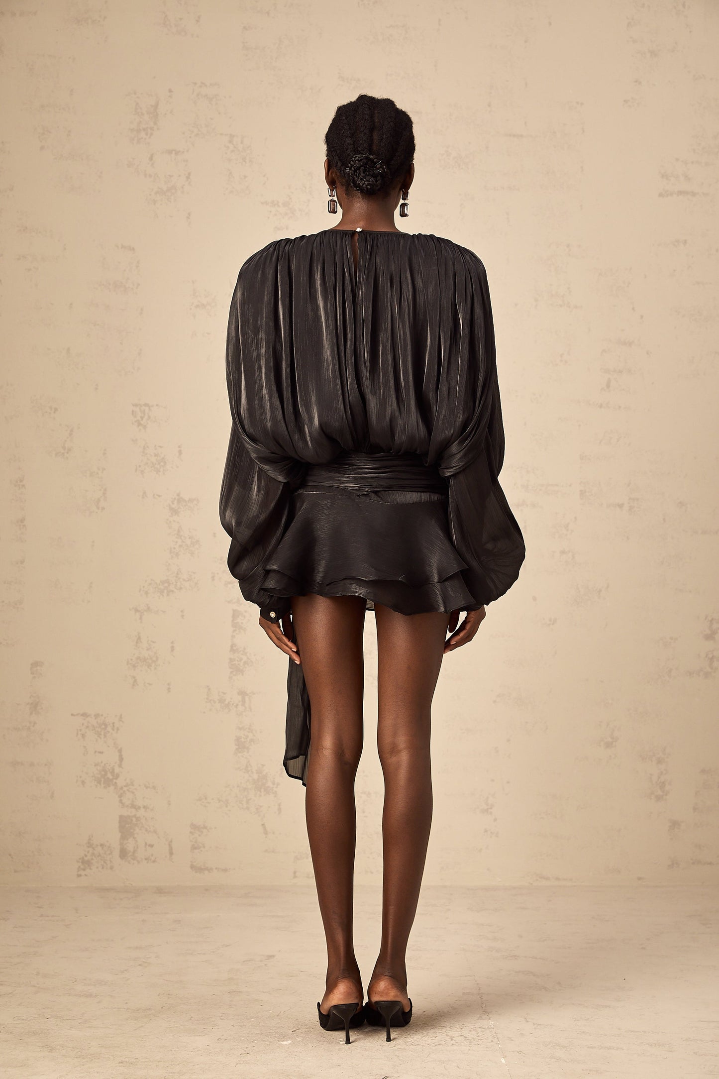 Black Pleated Mini Dress with Tie Waist for Women - Anita