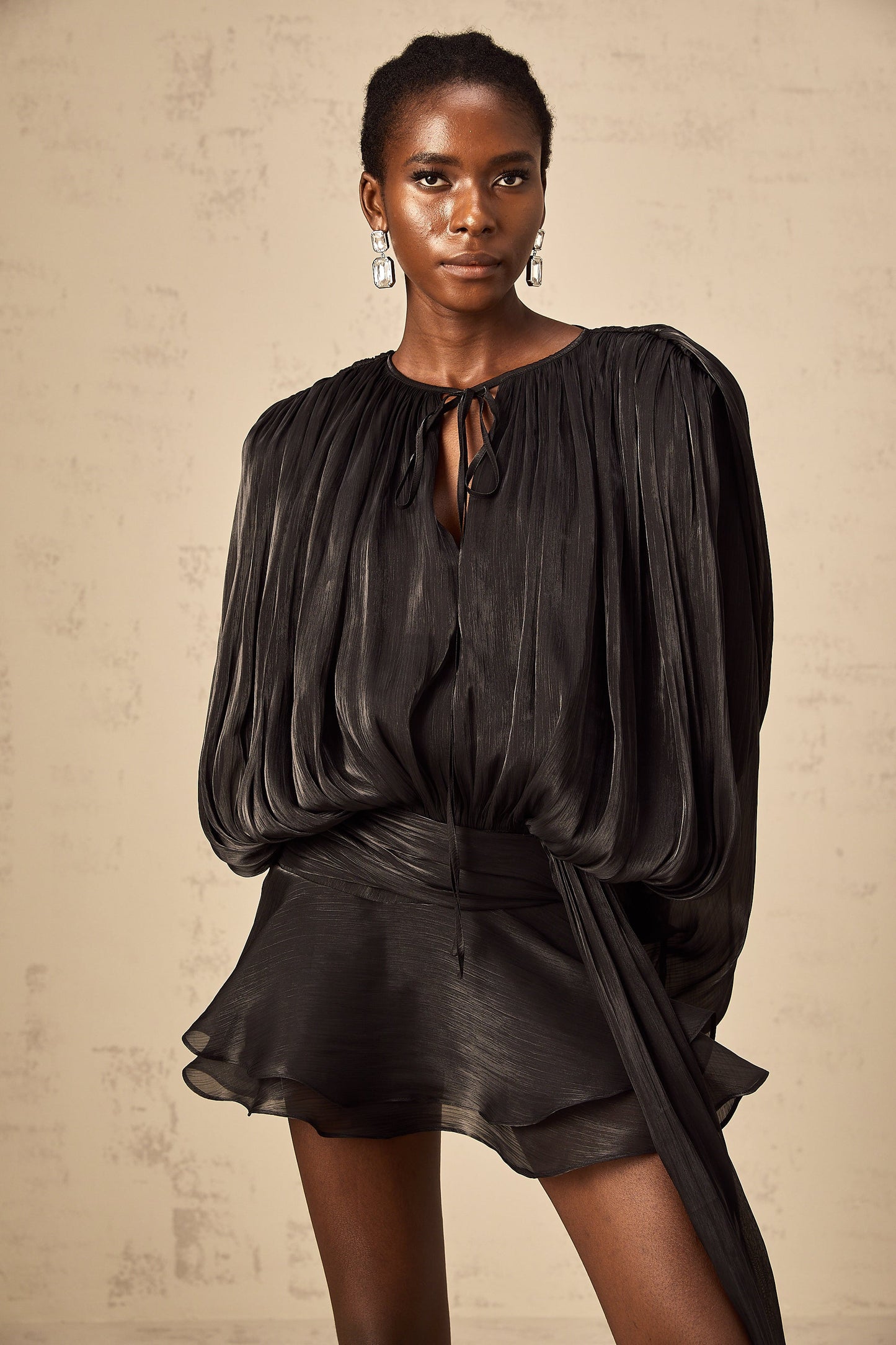 Black Pleated Mini Dress with Tie Waist for Women - Anita