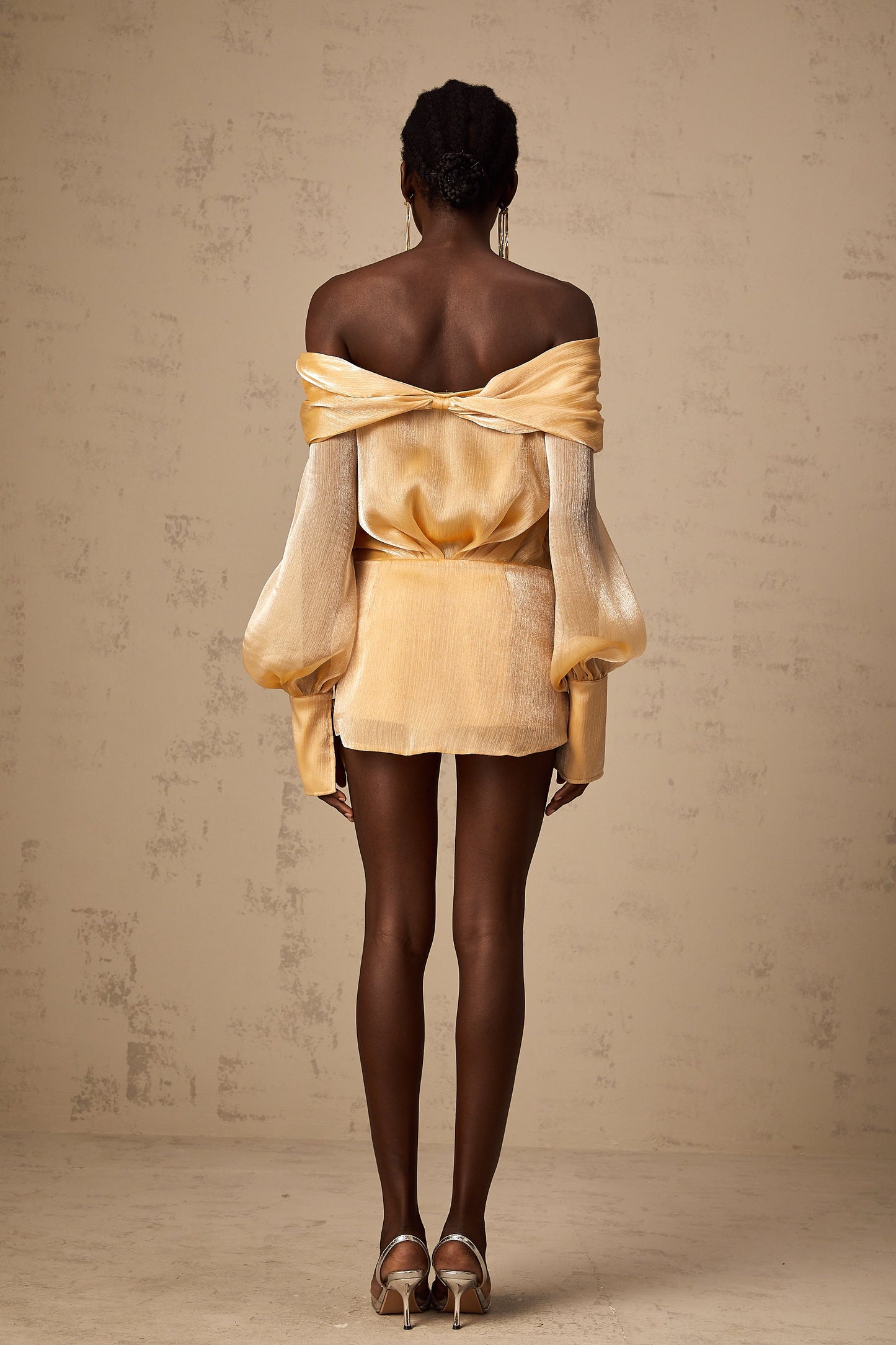 Golden Off-the-Shoulder Mini Dress with Crystal Embellishments for Women - Chiara