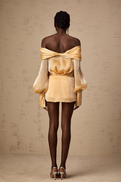 Golden Off-the-Shoulder Mini Dress with Crystal Embellishments for Women - Chiara