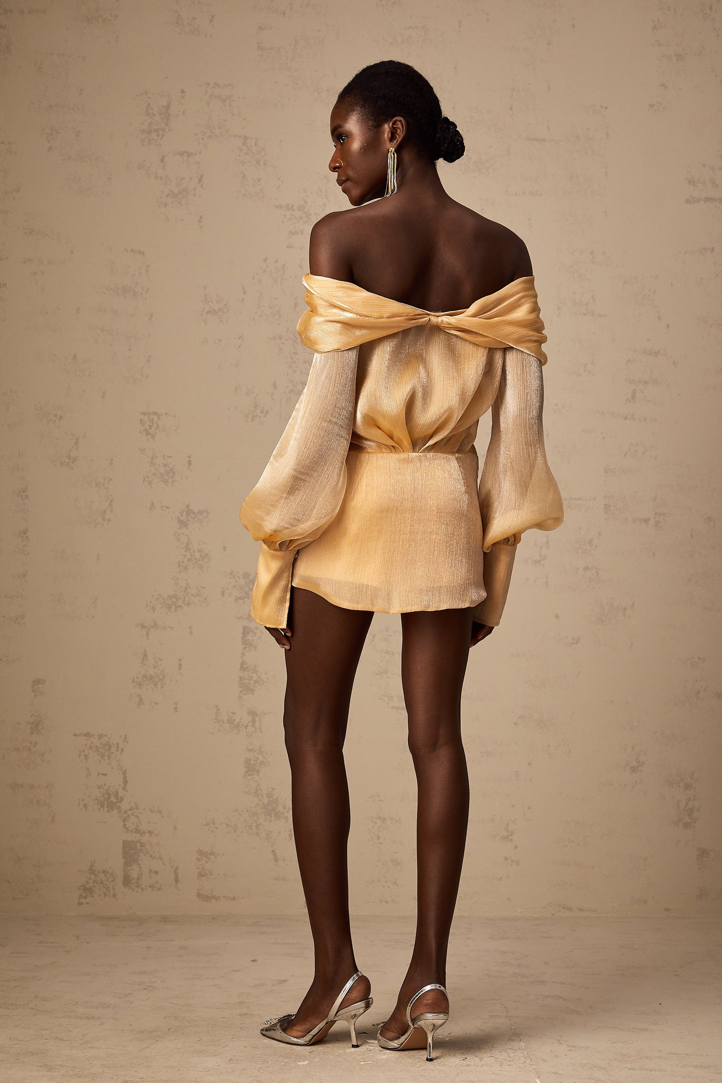 Golden Off-the-Shoulder Mini Dress with Crystal Embellishments for Women - Chiara