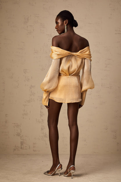 Golden Off-the-Shoulder Mini Dress with Crystal Embellishments for Women - Chiara