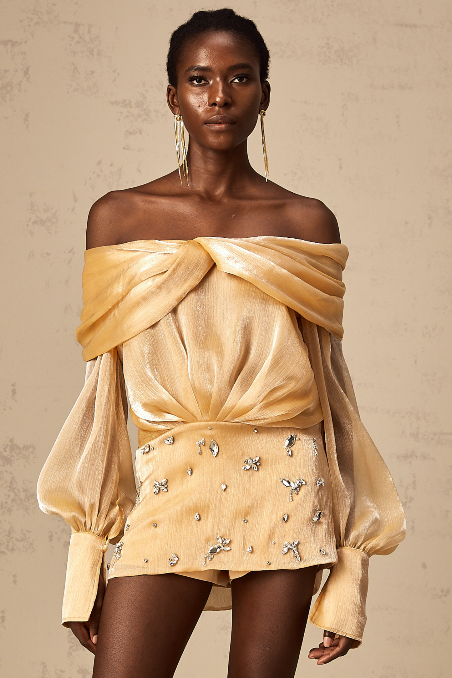 Golden Off-the-Shoulder Mini Dress with Crystal Embellishments for Women - Chiara