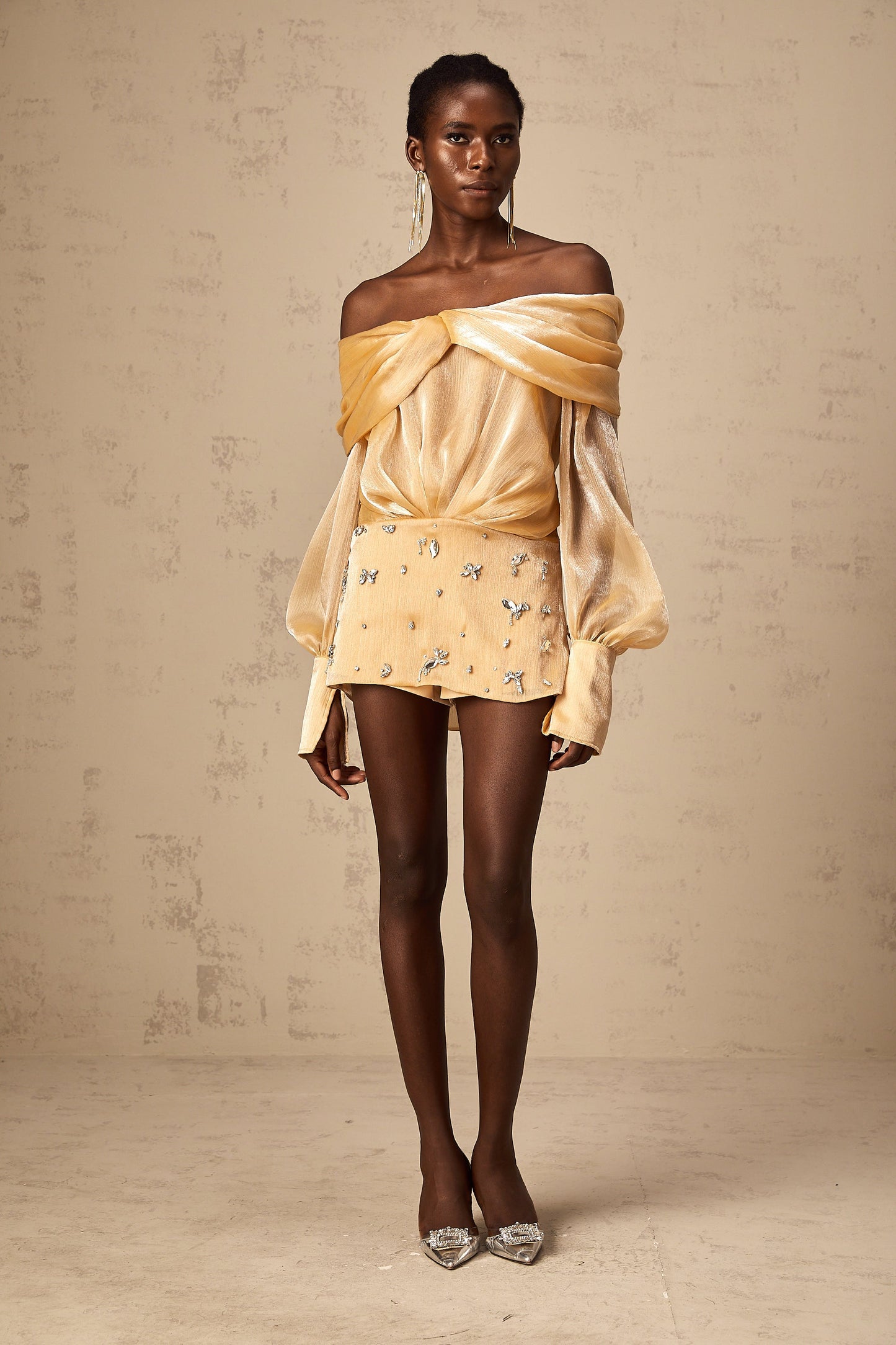 Golden Off-the-Shoulder Mini Dress with Crystal Embellishments for Women - Chiara