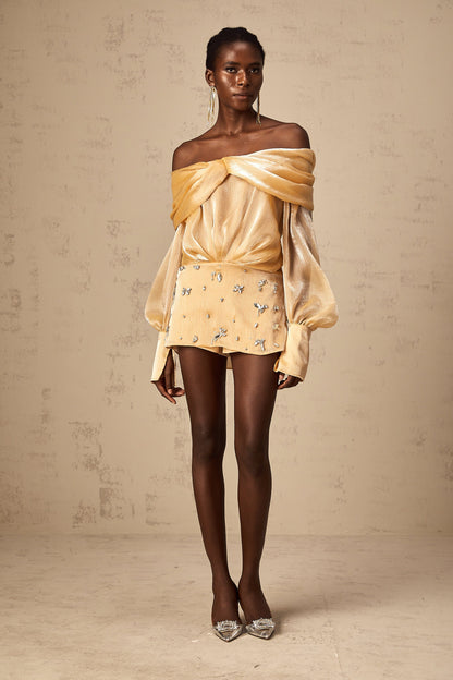 Golden Off-the-Shoulder Mini Dress with Crystal Embellishments for Women - Chiara