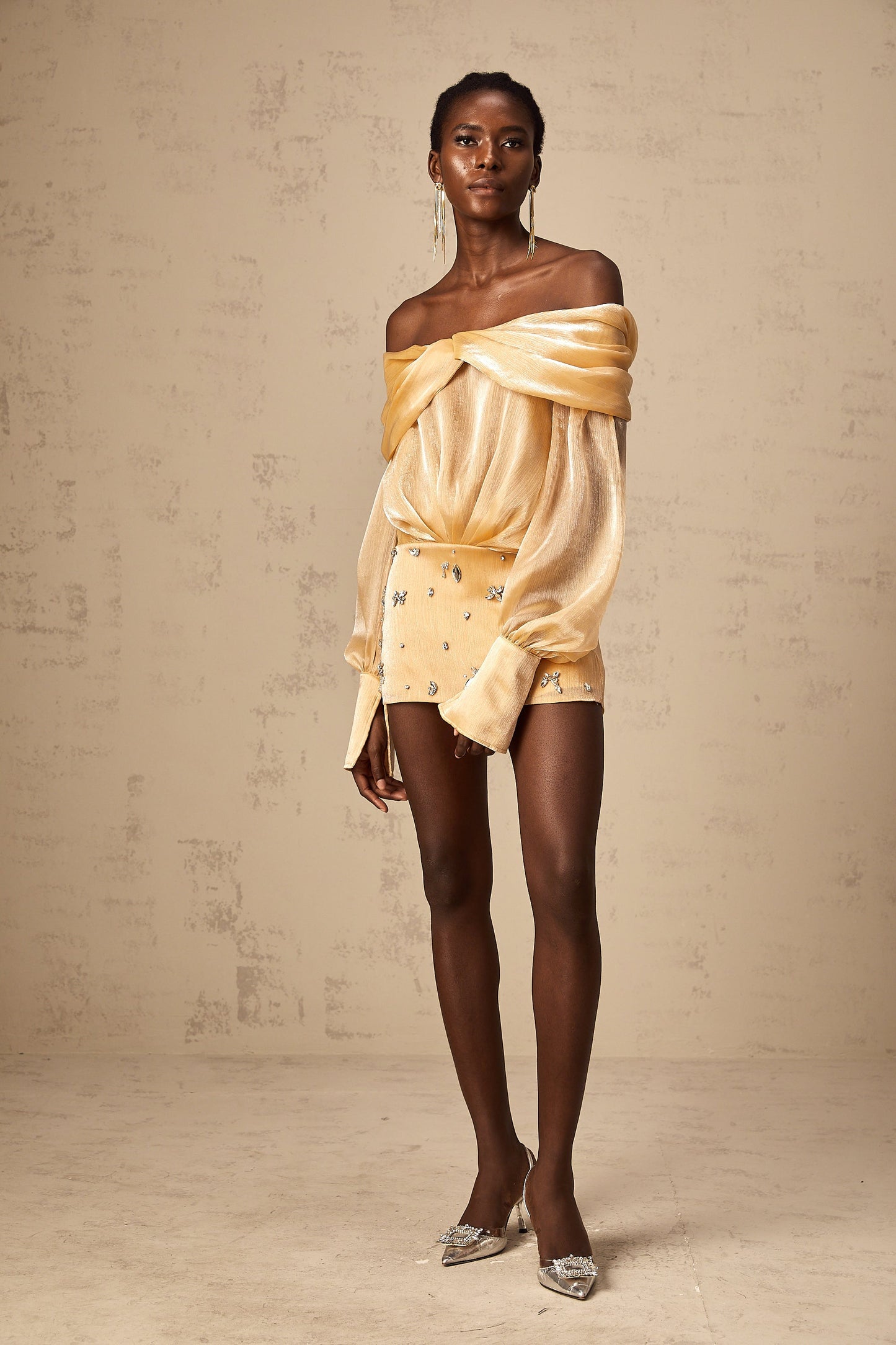 Golden Off-the-Shoulder Mini Dress with Crystal Embellishments for Women - Chiara