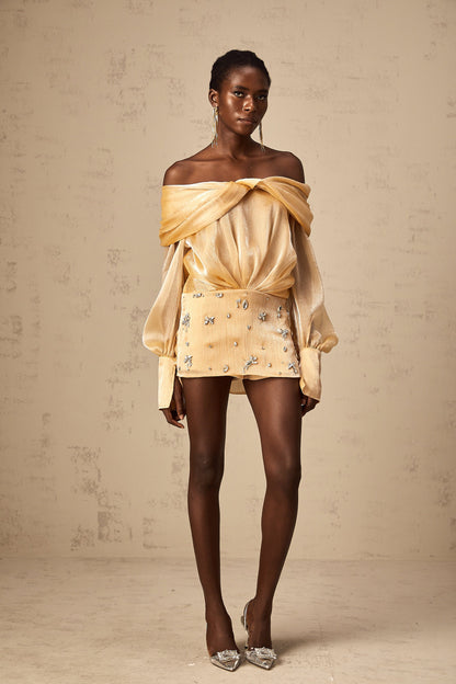 Golden Off-the-Shoulder Mini Dress with Crystal Embellishments for Women - Chiara