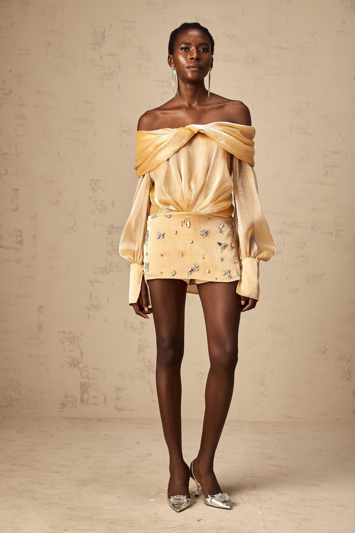 Golden Off-the-Shoulder Mini Dress with Crystal Embellishments for Women - Chiara