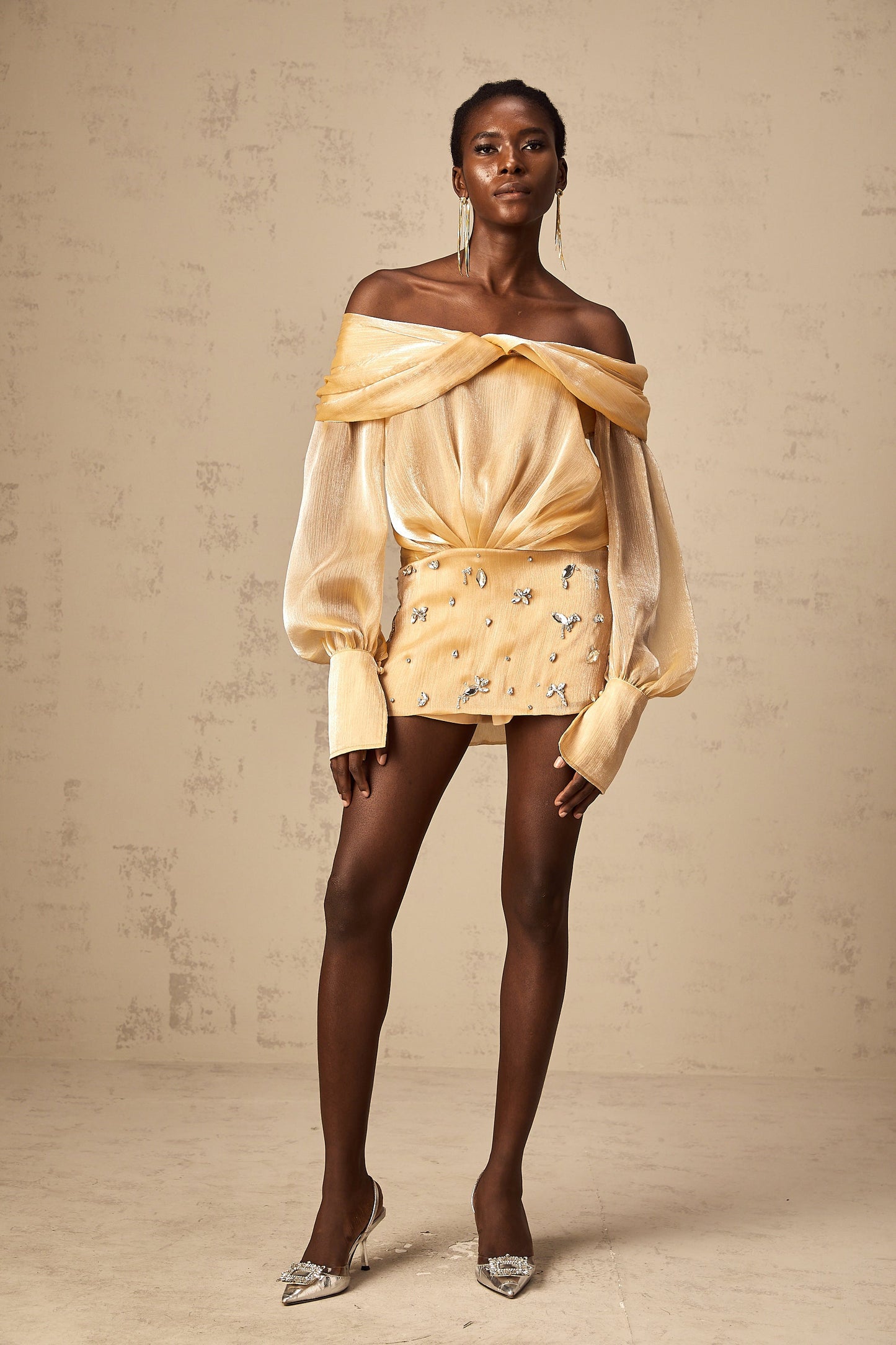 Golden Off-the-Shoulder Mini Dress with Crystal Embellishments for Women - Chiara