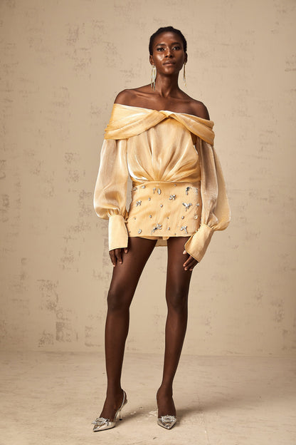 Golden Off-the-Shoulder Mini Dress with Crystal Embellishments for Women - Chiara
