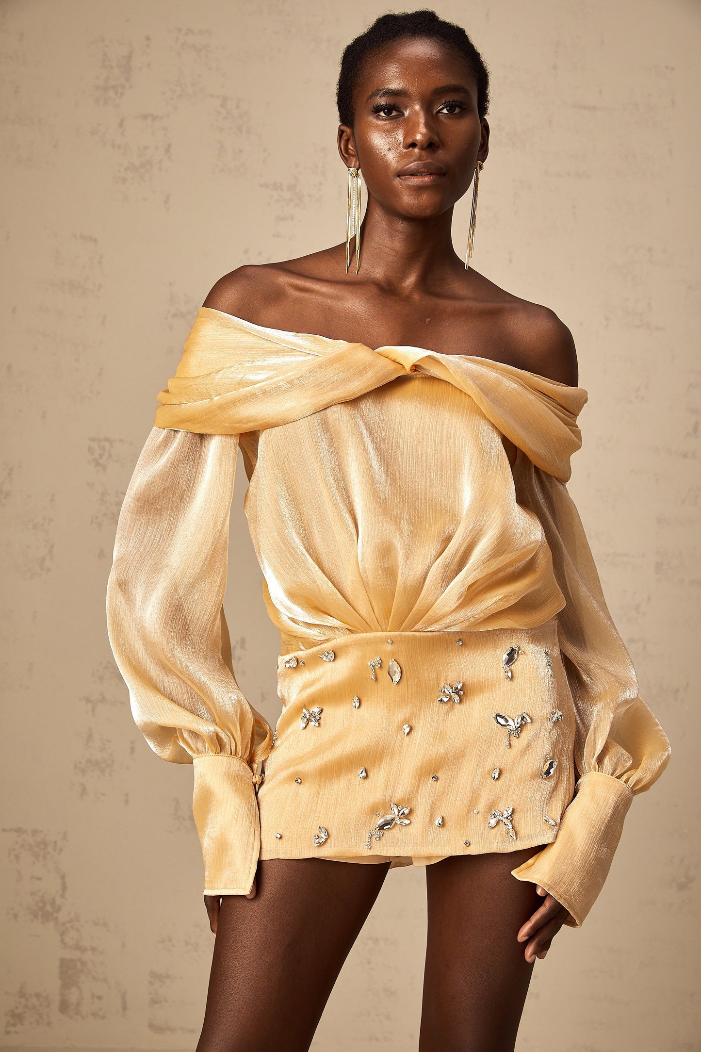 Golden Off-the-Shoulder Mini Dress with Crystal Embellishments for Women - Chiara