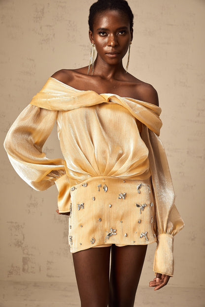 Golden Off-the-Shoulder Mini Dress with Crystal Embellishments for Women - Chiara