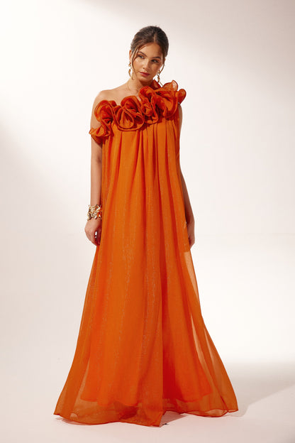Orange Ruffled One-Shoulder Maxi Dress for Women - Agnese