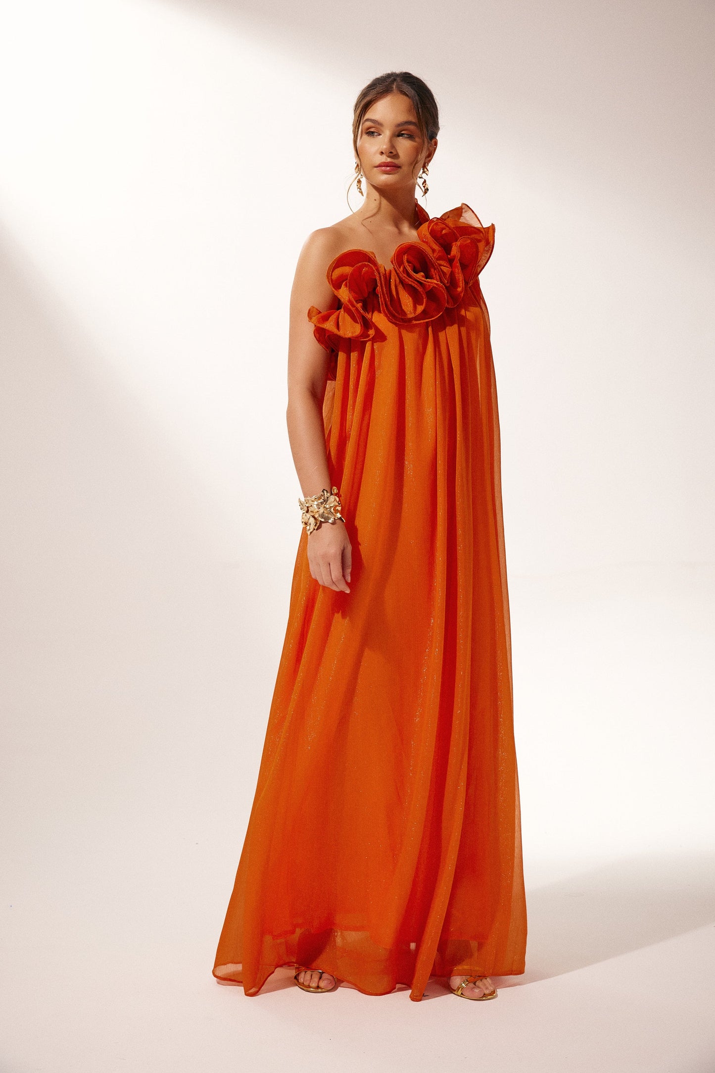 Orange Ruffled One-Shoulder Maxi Dress for Women - Agnese