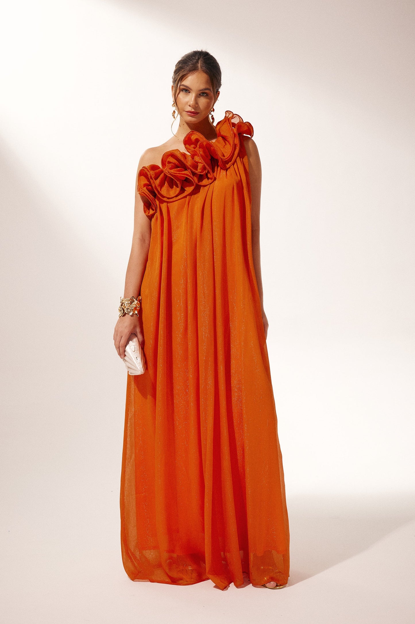 Orange Ruffled One-Shoulder Maxi Dress for Women - Agnese