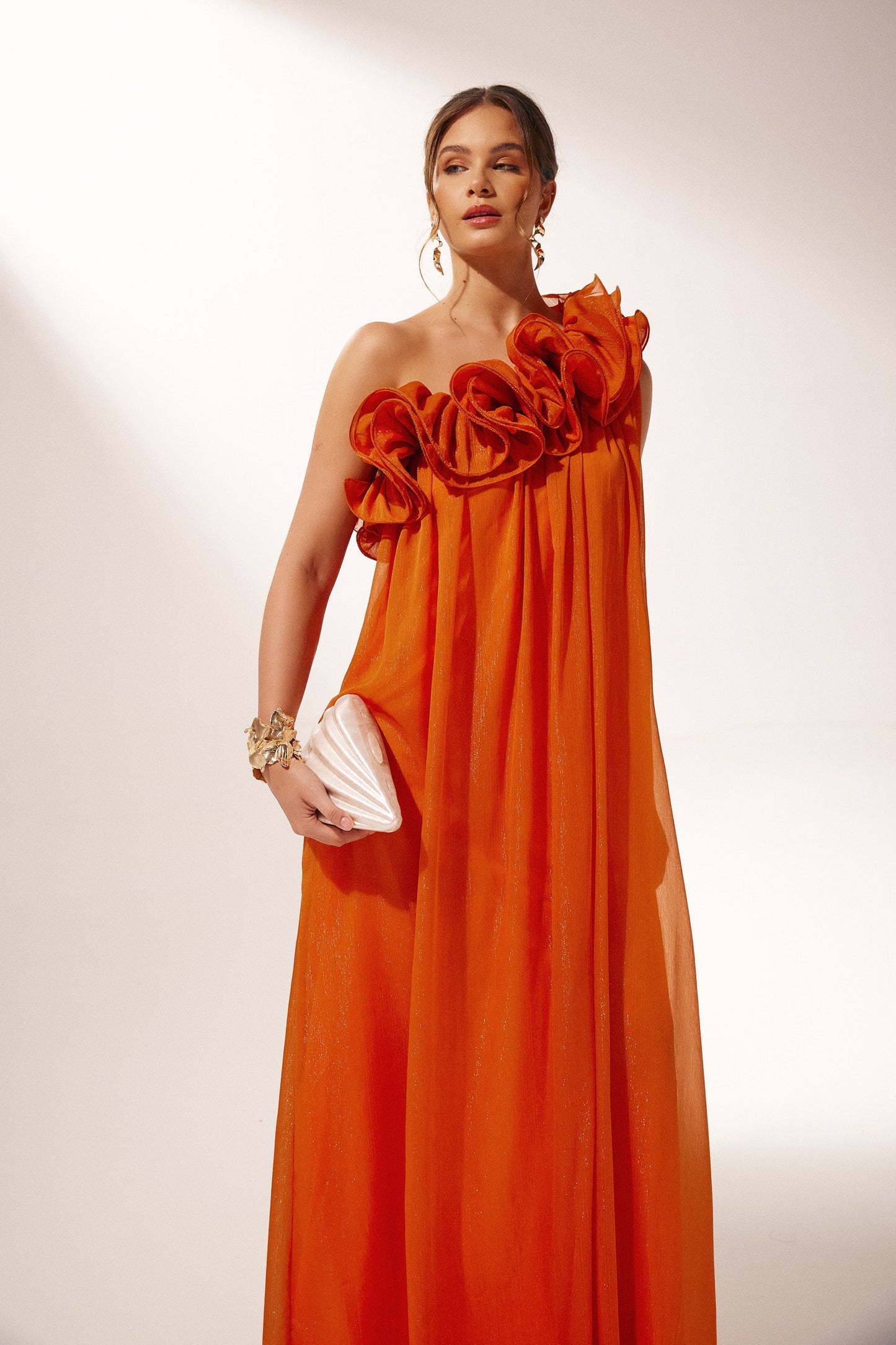 Orange Ruffled One-Shoulder Maxi Dress for Women - Agnese