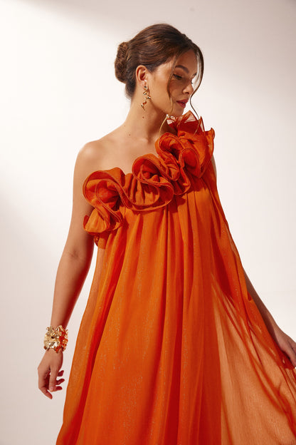 Orange Ruffled One-Shoulder Maxi Dress for Women - Agnese
