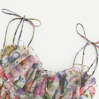 Multicolor Butterfly Print Mini Dress with Ruffle Hem for Women - Diletta