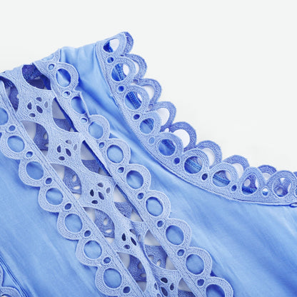 Sky Blue Lace Dress with Tie Belt for Women - Ornella