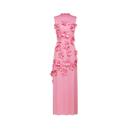Pink Maxi Dress with 3D Floral Appliqué for Women - Viola