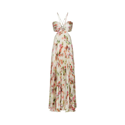 Floral Print Pleated Halter Maxi Dress in Ivory for Women - Marta