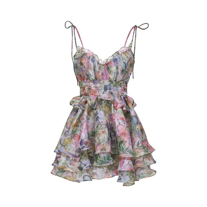 Multicolor Butterfly Print Mini Dress with Ruffle Hem for Women - Diletta