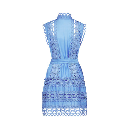 Sky Blue Lace Dress with Tie Belt for Women - Ornella