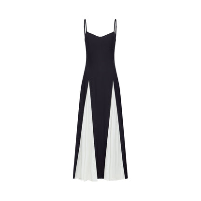 Black and White Spaghetti Strap Maxi Dress with Side Slit for Women - Alessandra