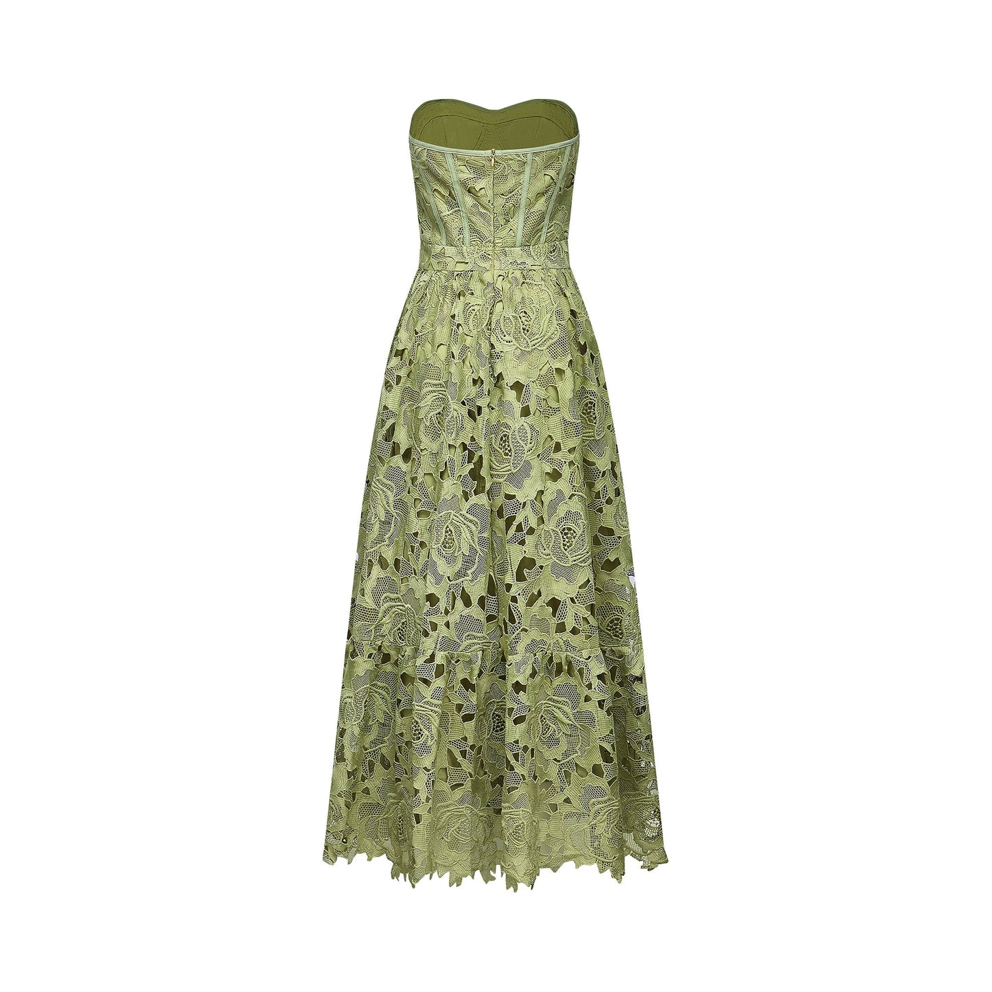 Sage Green Lace Strapless Maxi Dress with Flared Skirt for Women - Rosa