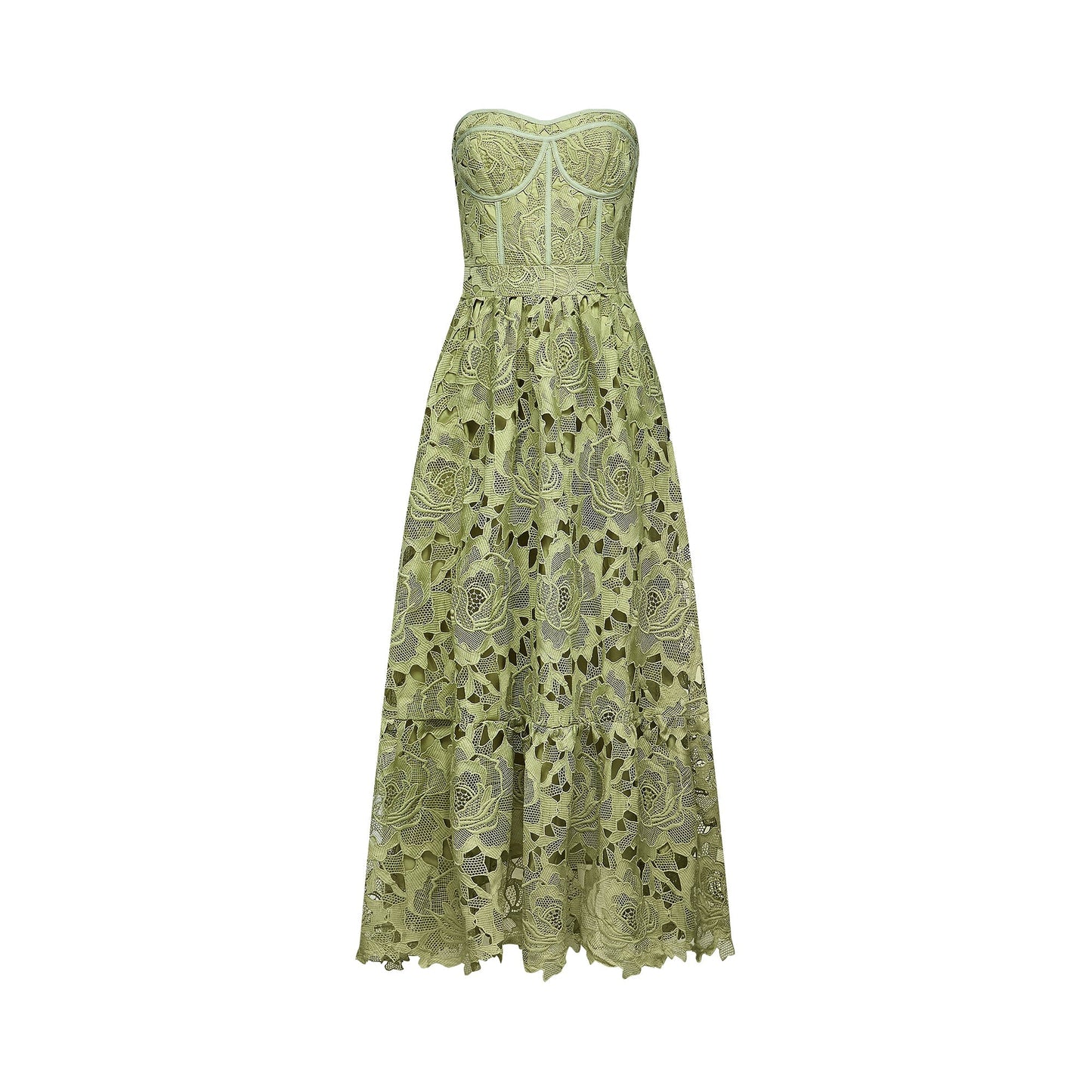 Sage Green Lace Strapless Maxi Dress with Flared Skirt for Women - Rosa
