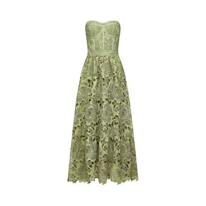 Sage Green Lace Strapless Maxi Dress with Flared Skirt for Women - Rosa