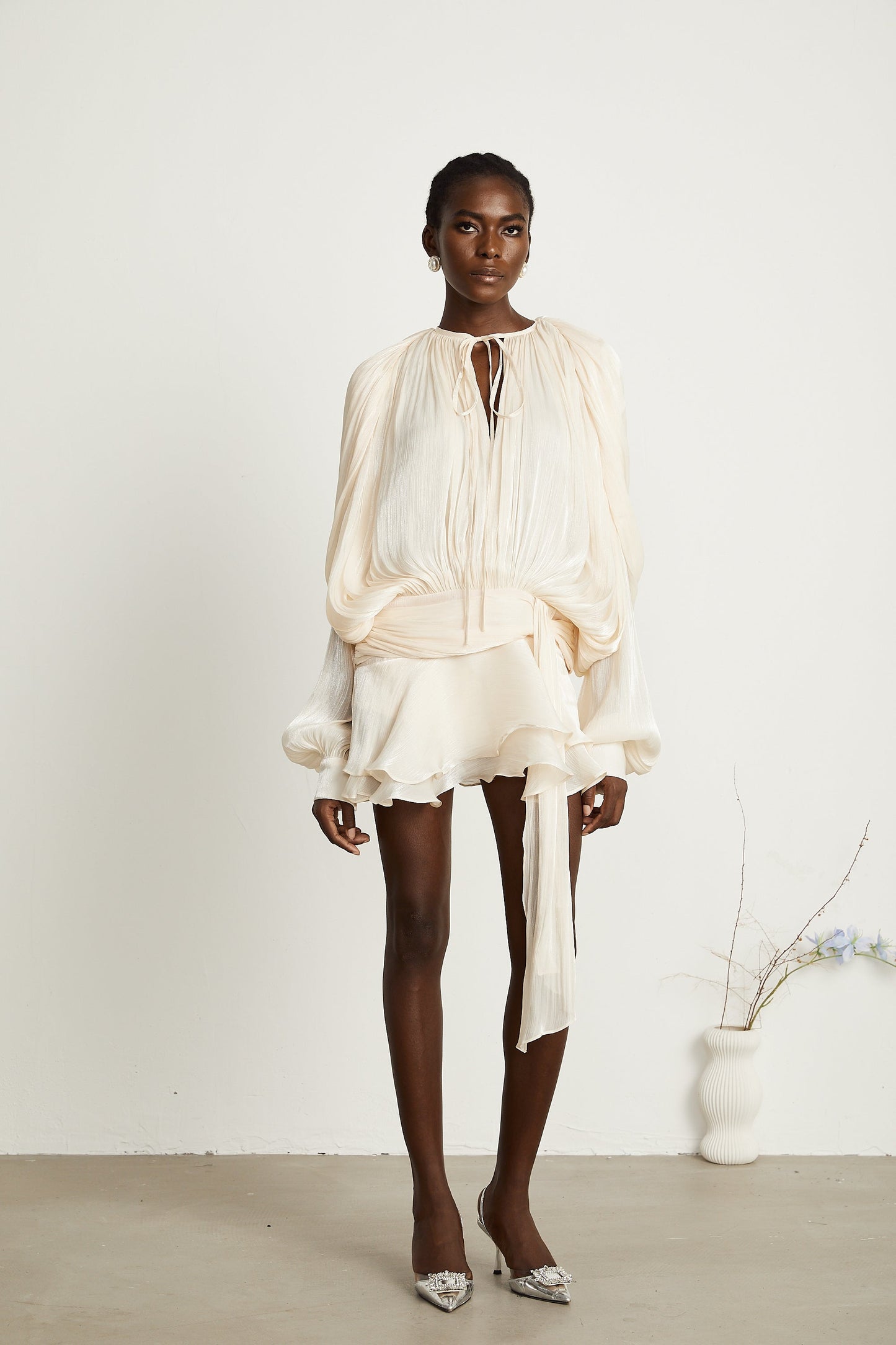 Ivory Pleated Mini Dress with Tie Waist for Women - Vittoria