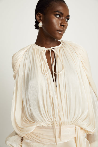 Ivory Pleated Mini Dress with Tie Waist for Women - Vittoria