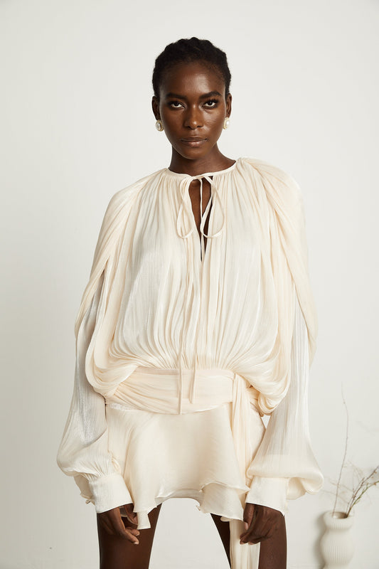 Ivory Pleated Mini Dress with Tie Waist for Women - Vittoria