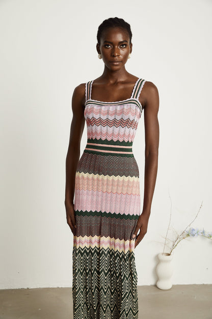 Multi-Color Knit Maxi Dress with Chevron Pattern for Women - Sabrina