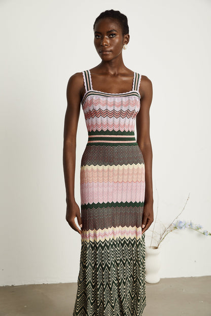 Multi-Color Knit Maxi Dress with Chevron Pattern for Women - Sabrina